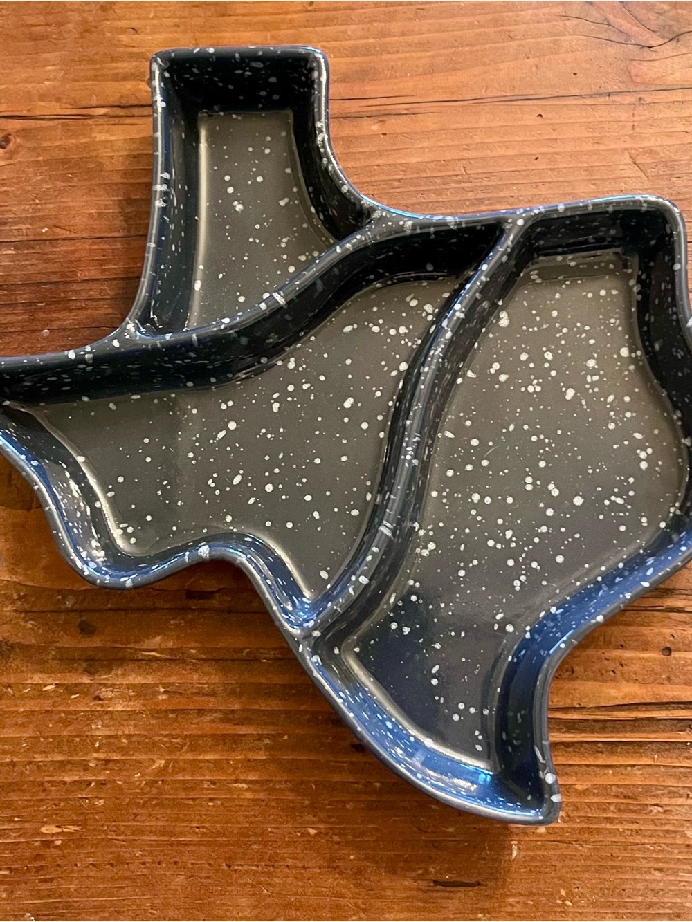 Texas Shaped Frankoma Ceramic Divided Tray - blue white Speckle